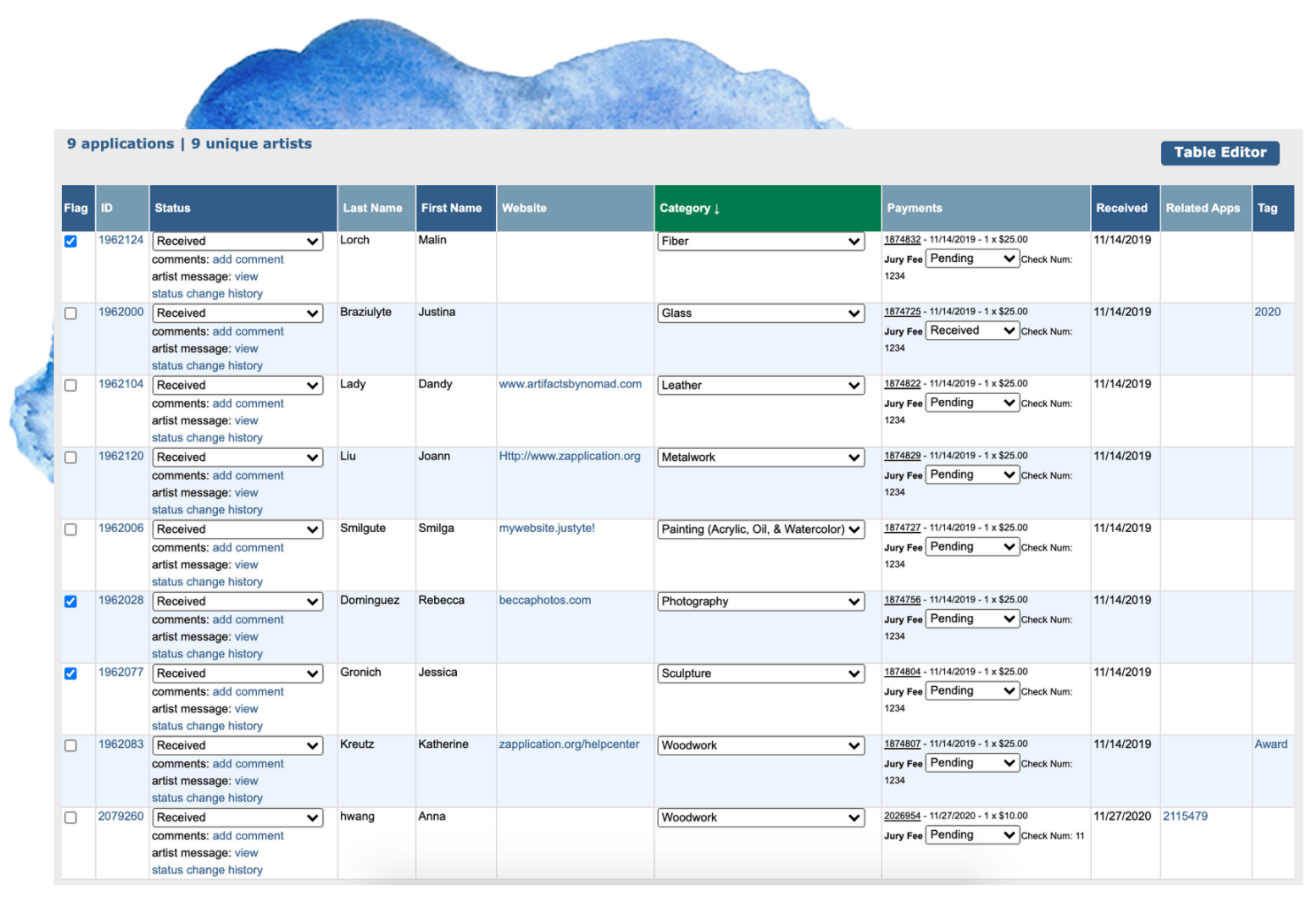 Image of the event management table, showing the application ID, status, name, website, medium category, payments, date the application was received, and tags