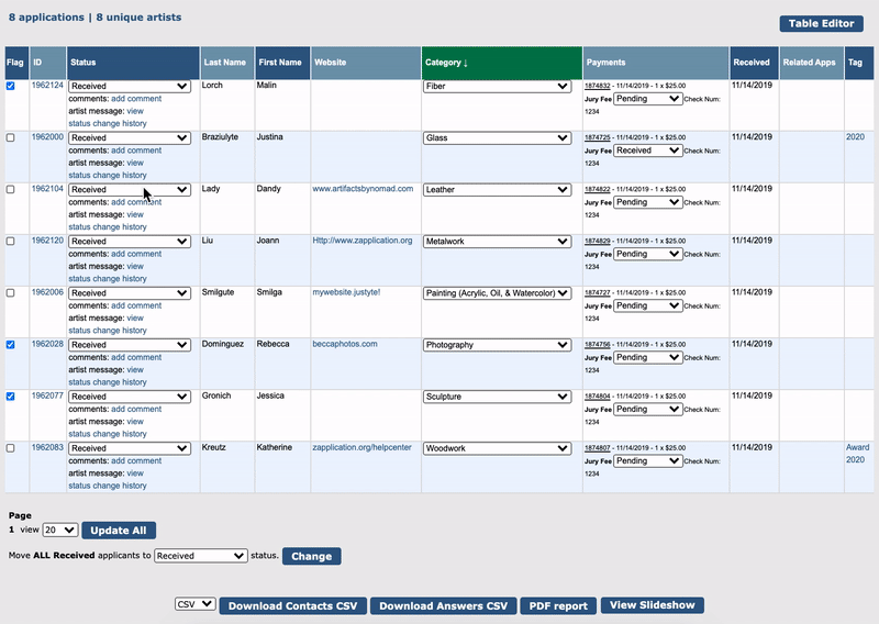 Gif depicting clicking on an application ID to visit the artist's page. The gif also shows the admin adding the tag "Award" to the application and moving their status from Received to Exempt from Jury