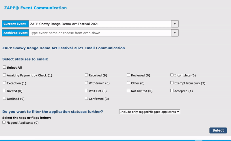 Gif of the Communication Tool, showing selecting a status and filtering by the tag "2020"